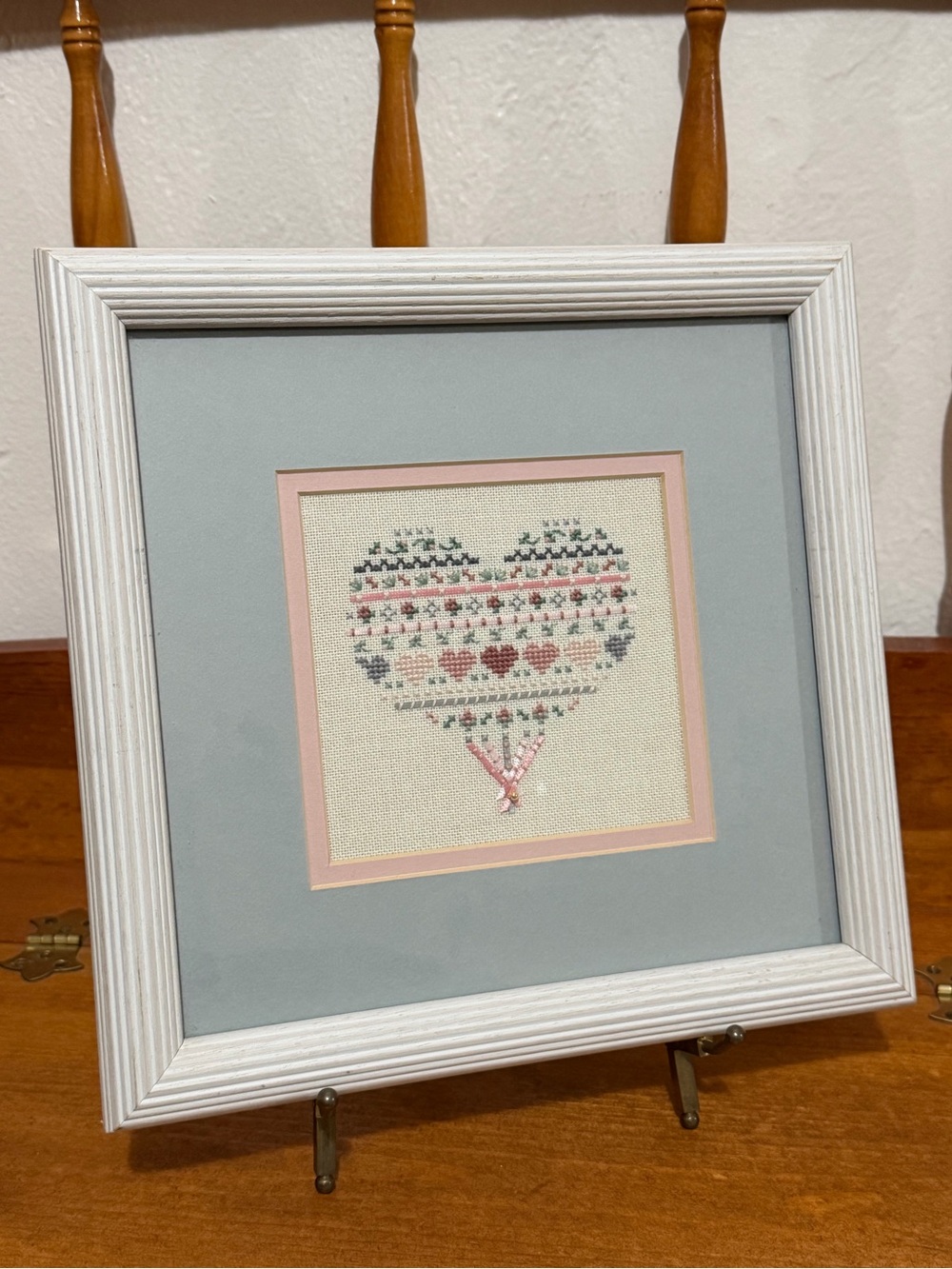 Vintage Framed Cross Stitch Heart Sampler Folk Art Cottagecore Wall Decor